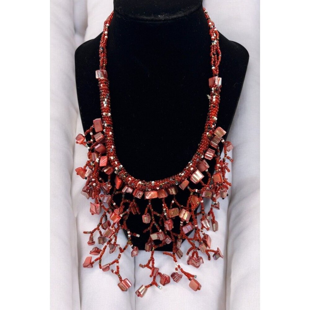 Red  Beaded Fringe Necklace Bib Statement Beach Boho Coral Style